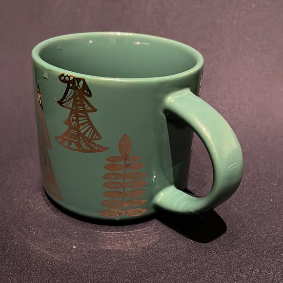Starbucks Christmas Coffee Mug 2015 Green Gold Trees 14 ounce High Gloss Glass - Picture 3 of 5
